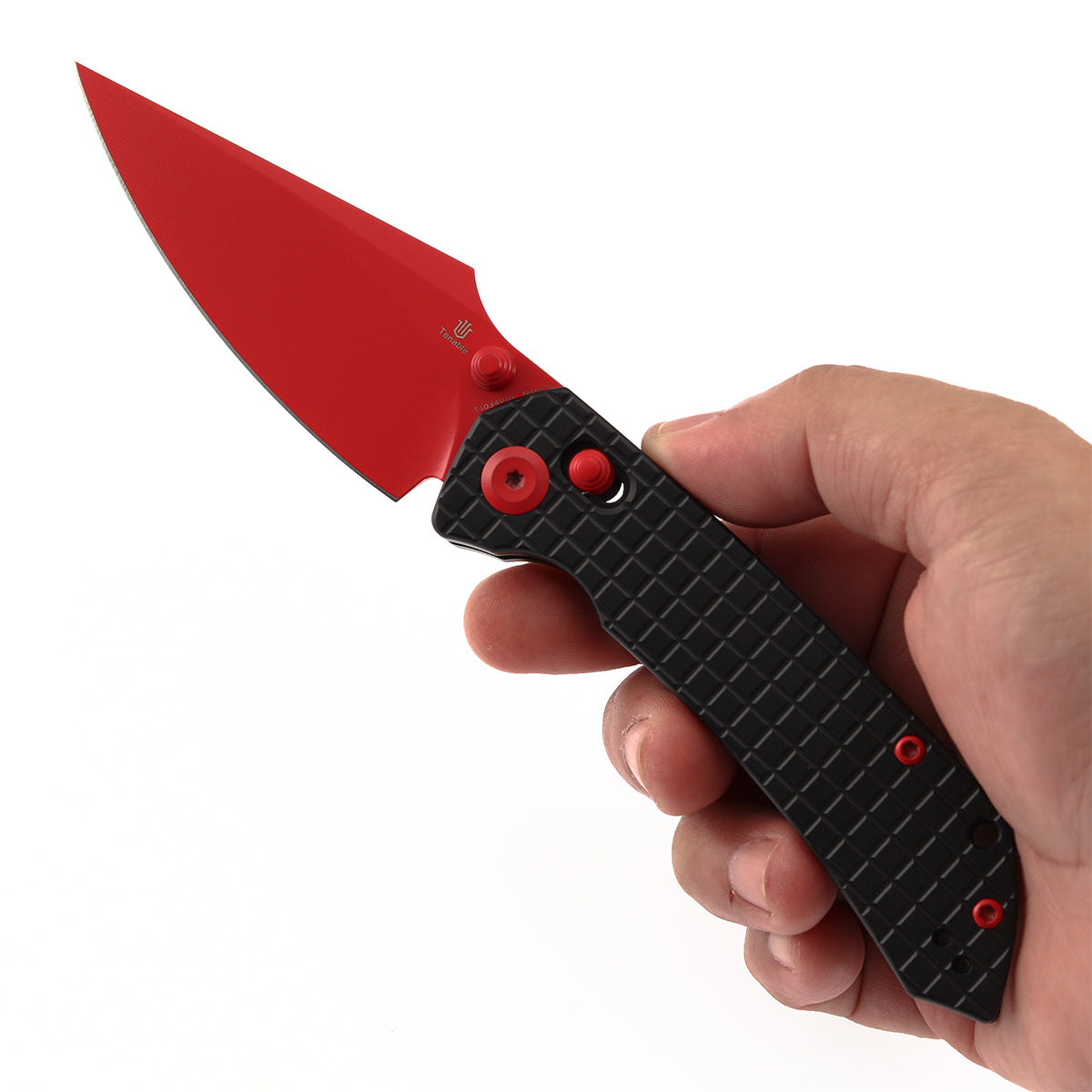 Tenable Fenrir Cross Bar Lock Folding Knife| Blcak Aluminum with Frag Pattern | Red Coated Nitro-V Blade | T1034V10