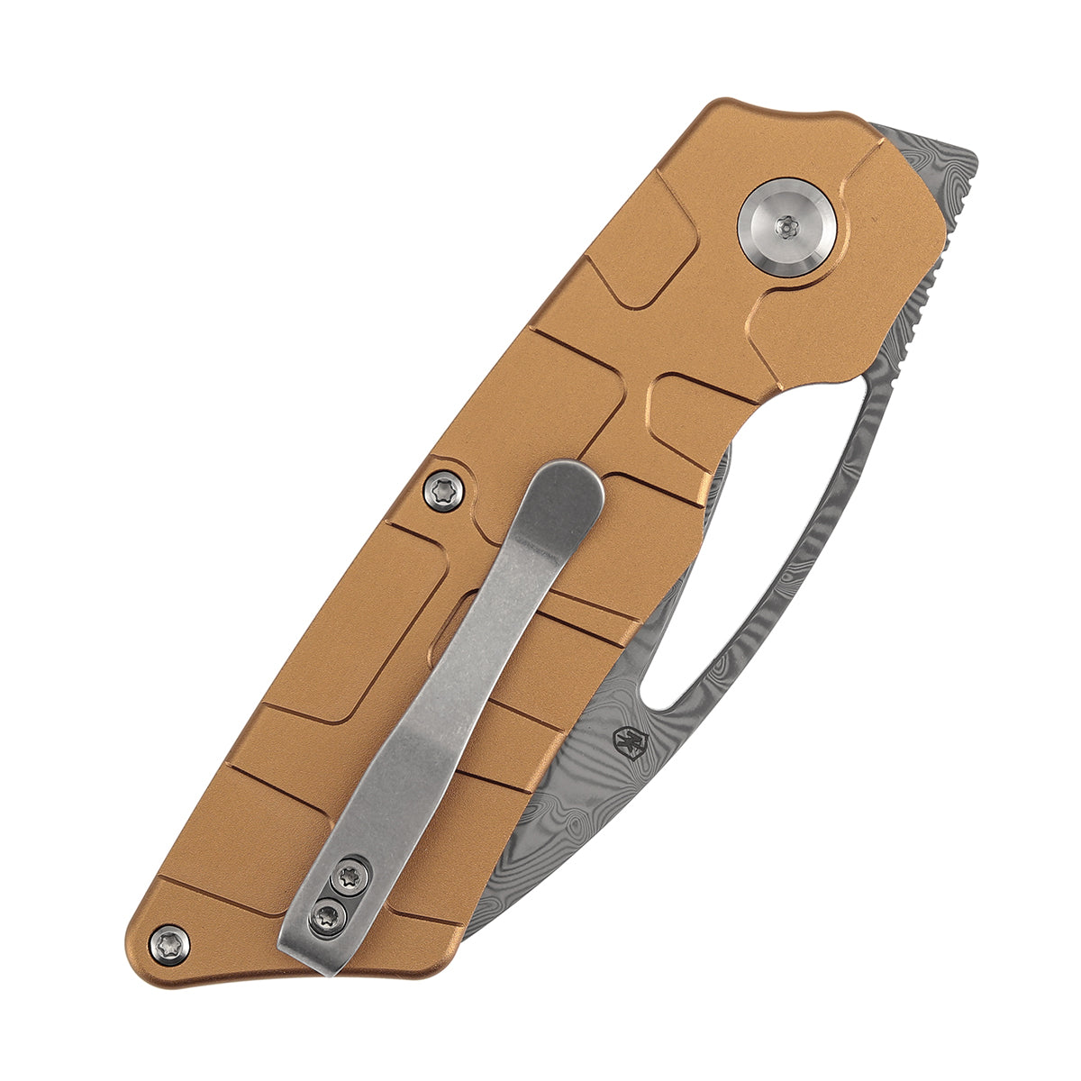 Tenable Goblin L Folding Knife | 3.08" Water Ripple Damascus Blade |Bronze Anodized Aluminum with Amphibian-inspired Geometric Texture Handle | Marshall Noble Design | B3016A2