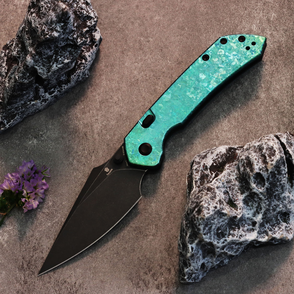 Tenable Fenrir Top Liner Lock Folding Knife | 3.4" Blackwash Nitro-V Blade | Green Anodized Crystallized Titanium Handle | Sparrow Knife Design - B1034H20
