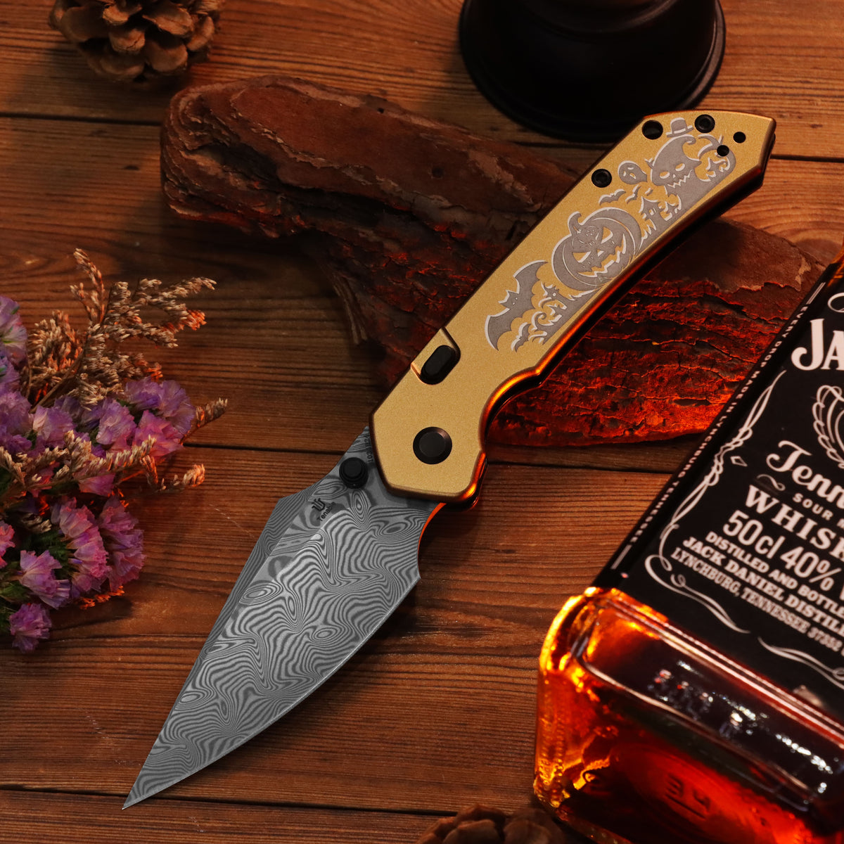 Tenable Fenrir Halloween Limited Edition Folding Knife | Top Liner Lock | 3.4" Water Ripple Damascus Blade | Golden Anodized Aluminum Spooky Gothic Pattern Handle | Sparrow Knife Design - B1034H24
