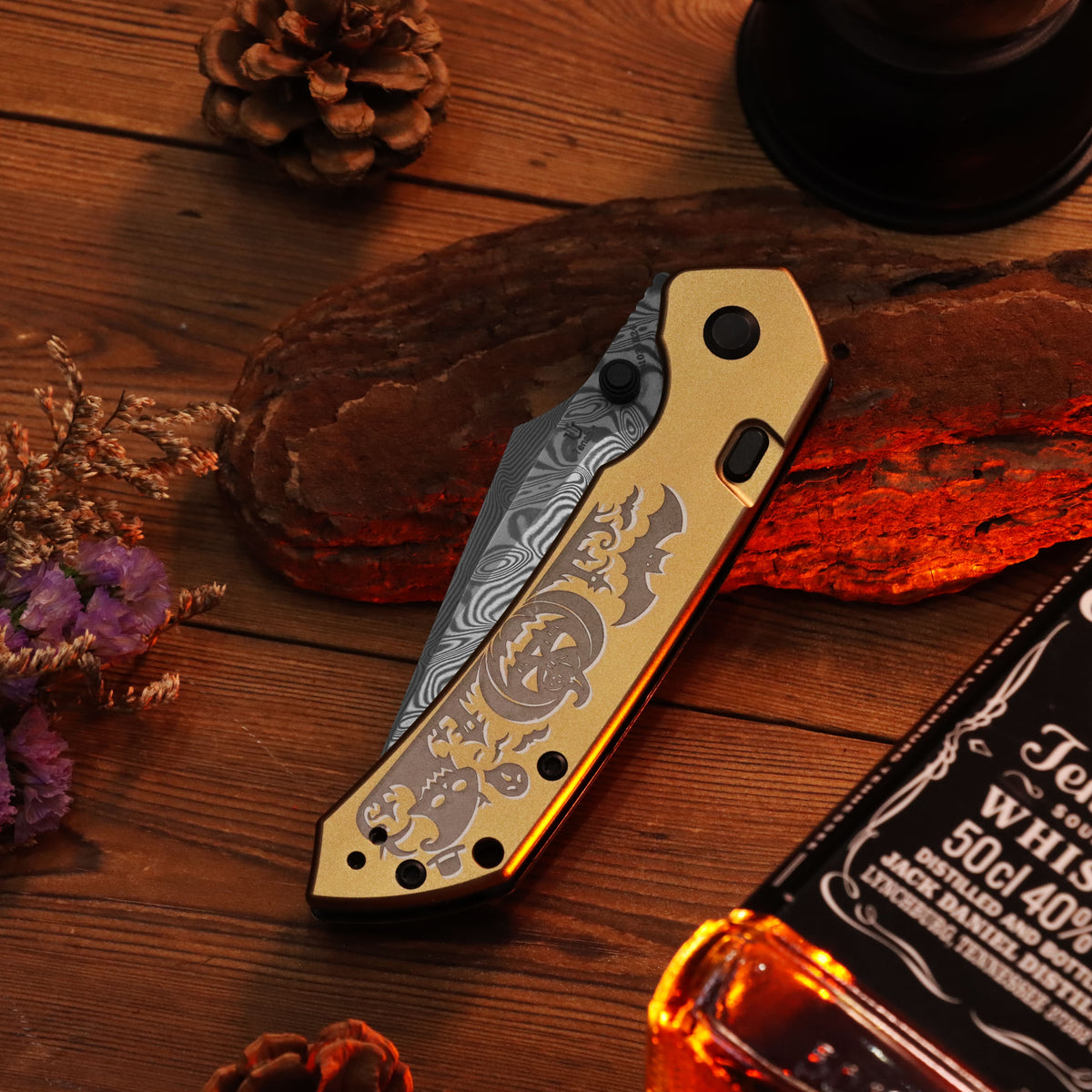 Tenable Fenrir Halloween Limited Edition Folding Knife | Top Liner Lock | 3.4" Water Ripple Damascus Blade | Golden Anodized Aluminum Spooky Gothic Pattern Handle | Sparrow Knife Design - B1034H24