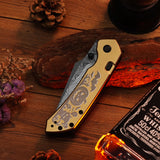 Tenable Fenrir Halloween Limited Edition Folding Knife | Top Liner Lock | 3.4" Water Ripple Damascus Blade | Golden Anodized Aluminum Spooky Gothic Pattern Handle | Sparrow Knife Design - B1034H24