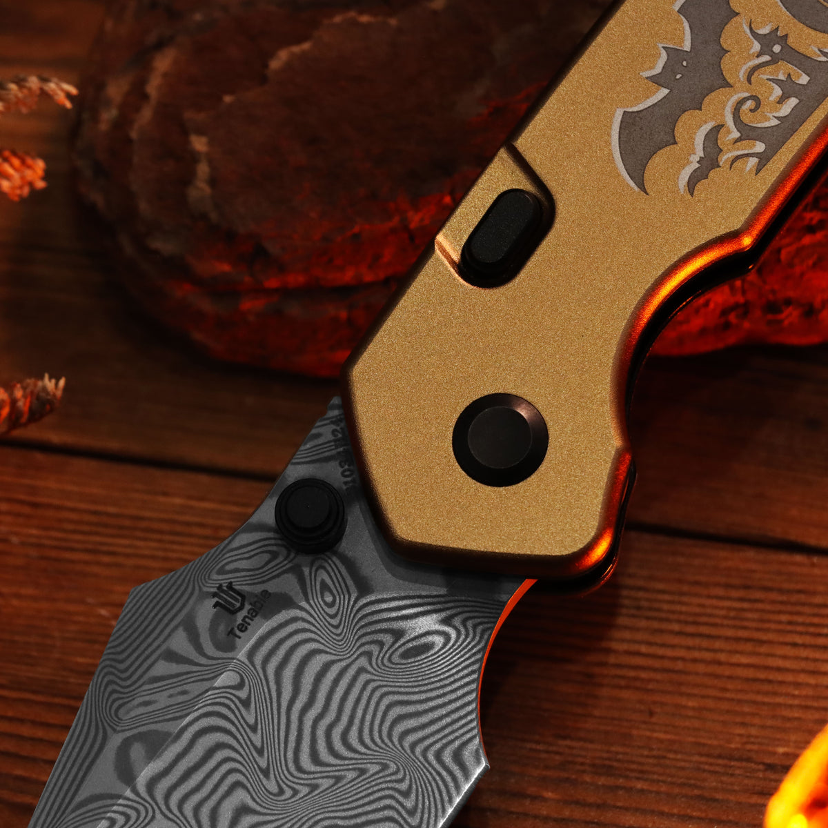 Tenable Fenrir Halloween Limited Edition Folding Knife | Top Liner Lock | 3.4" Water Ripple Damascus Blade | Golden Anodized Aluminum Spooky Gothic Pattern Handle | Sparrow Knife Design - B1034H24