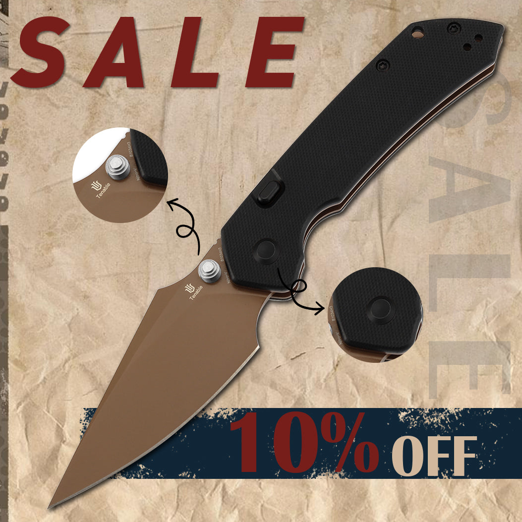 Tenable Fenrir Top Liner Lock Folding Knife| Black G10 Handle | 3.48“ Rose Gold Coated Nitro-V Blade | Black Hardware & Silver Thumb Stud | Sparrow Knife Design | B1034H3-2