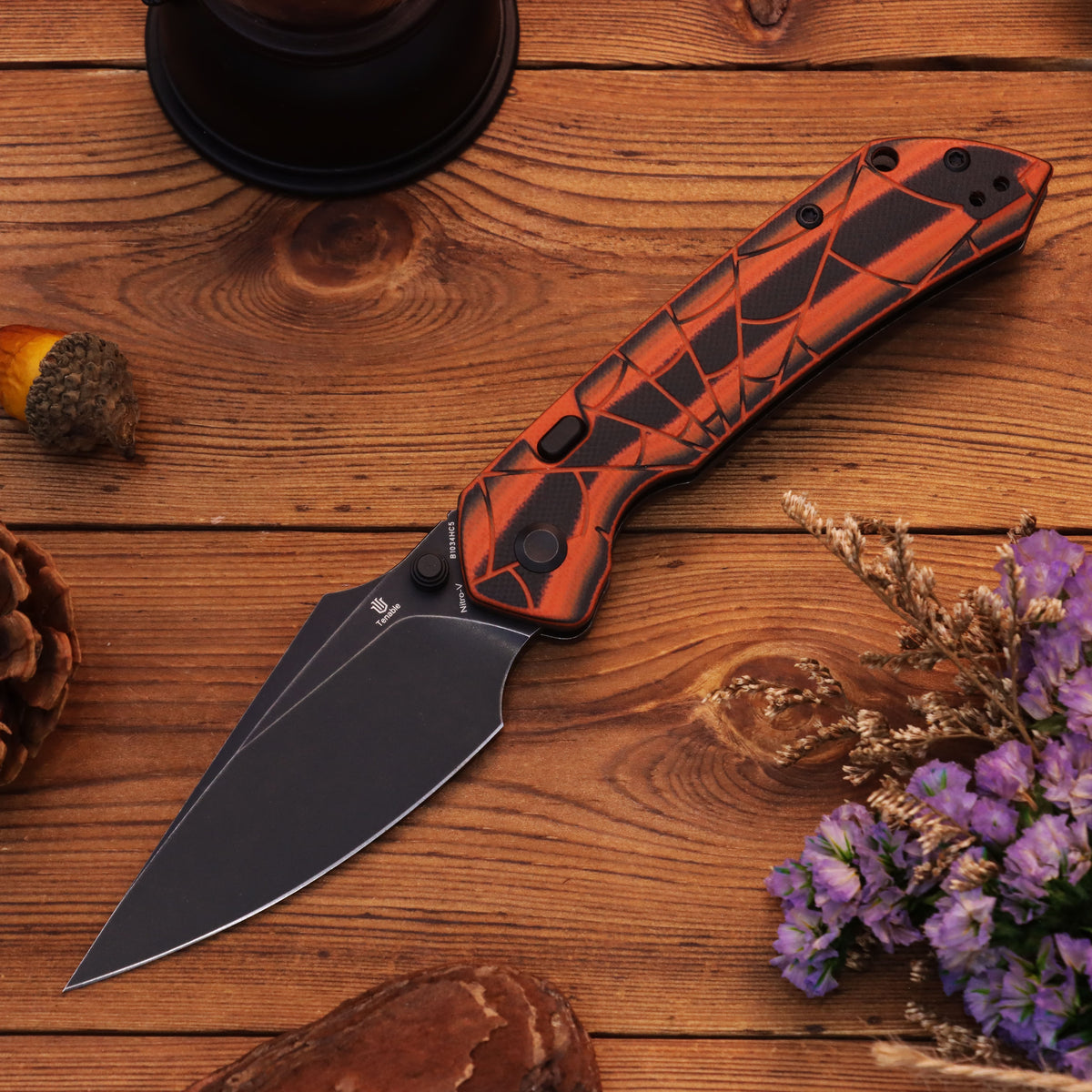 Tenable Fenrir Folding Knife | Top Liner Lock | 3.4" Blackwash Nitro-V Blade | Orange & Black G10 with 3D Spiderweb Texture Handle | Sparrow Knife Design - B1034HC5