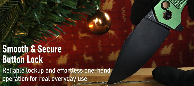 Folding knife with green handle and black blade on a festive background