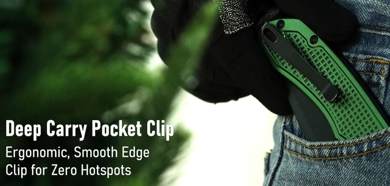 Green pocket clip being used to clip a device into a person's pocket with text describing features.