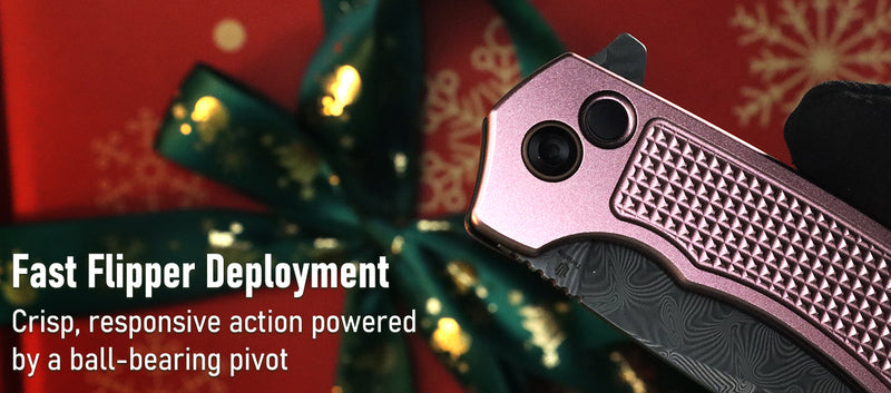 Folding knife with text about fast flipper deployment against a festive background
