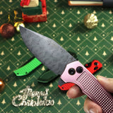 Christmas | Tenable Entity - Button Lock - 3.52'' Water Ripple Damascus - Rose Gold Aluminum with Checkered Texture -Nalu Knives Design - B1036F4