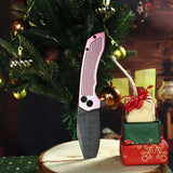 Christmas | Tenable Entity - Button Lock - 3.52'' Water Ripple Damascus - Rose Gold Aluminum with Checkered Texture -Nalu Knives Design - B1036F4