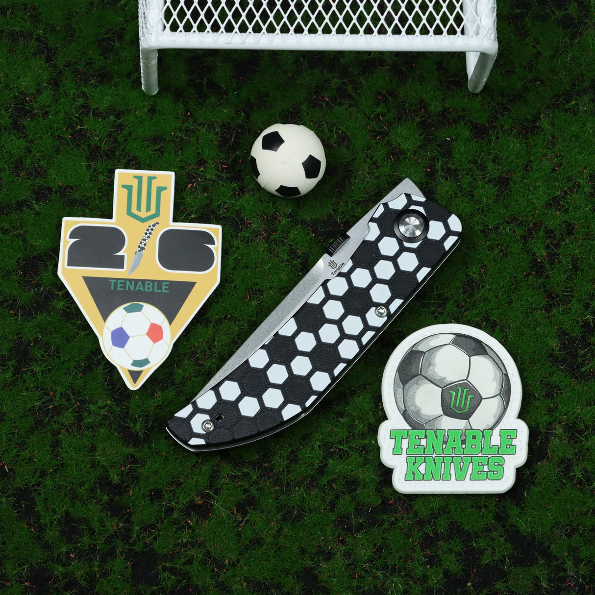 Tenable Exclusive Soccer-Themed Tarkin Folding Knife | 3.4" Stonewashed Nitro-V | Black G10 with Soccer Themed Pattern Handle | Matthew Christensen Design - B1078A5 （Limited 200）