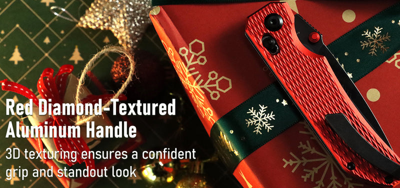 Red knife with textured handle on a decorative background