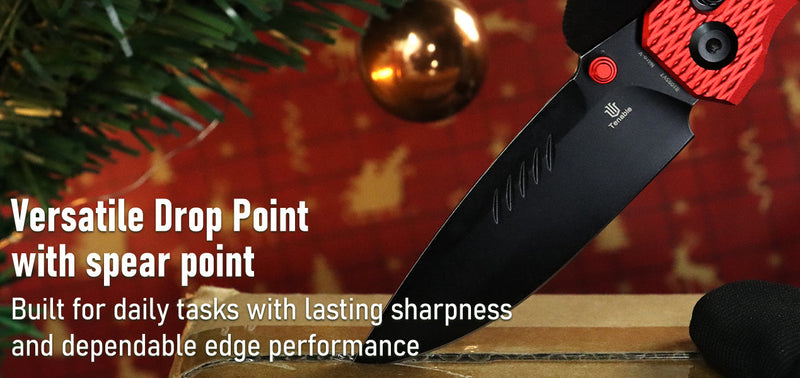 Folding knife with red handle and black blade on a wooden surface, with text describing its features.