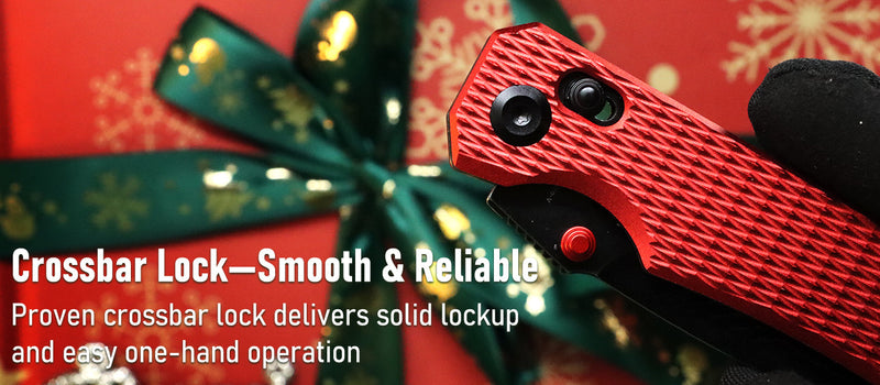 Red crossbar lock held by a gloved hand with a festive background