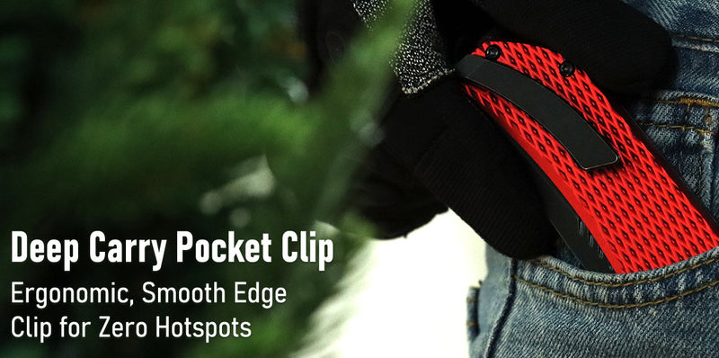 Red and black deep carry pocket clip on a person's jeans with text describing features.