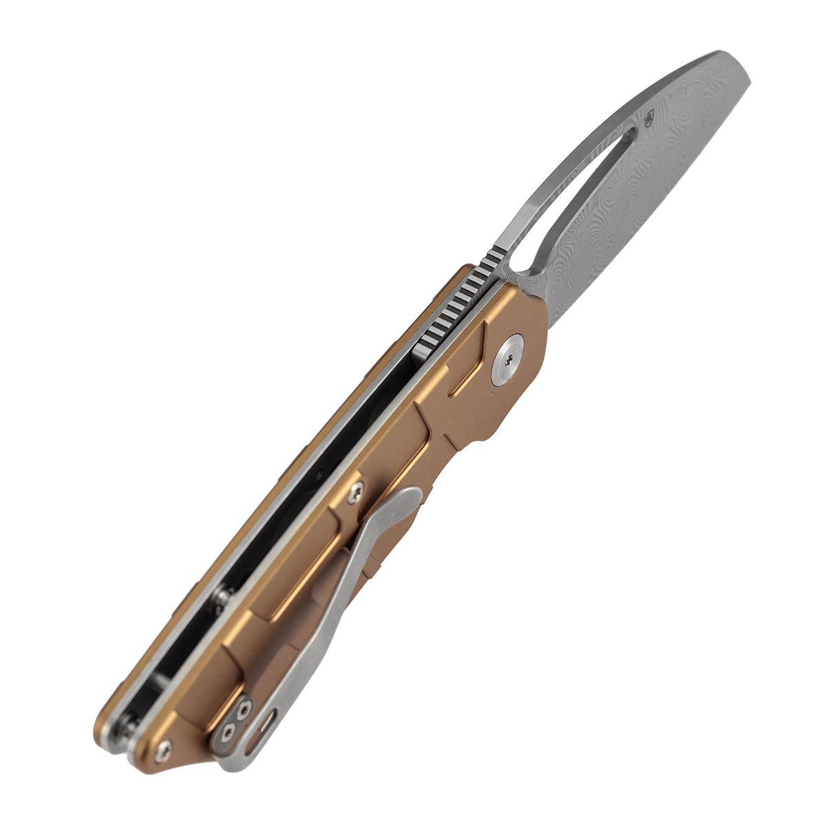 Tenable Goblin L Folding Knife | 3.08" Water Ripple Damascus Blade |Bronze Anodized Aluminum with Amphibian-inspired Geometric Texture Handle | Marshall Noble Design | B3016A2