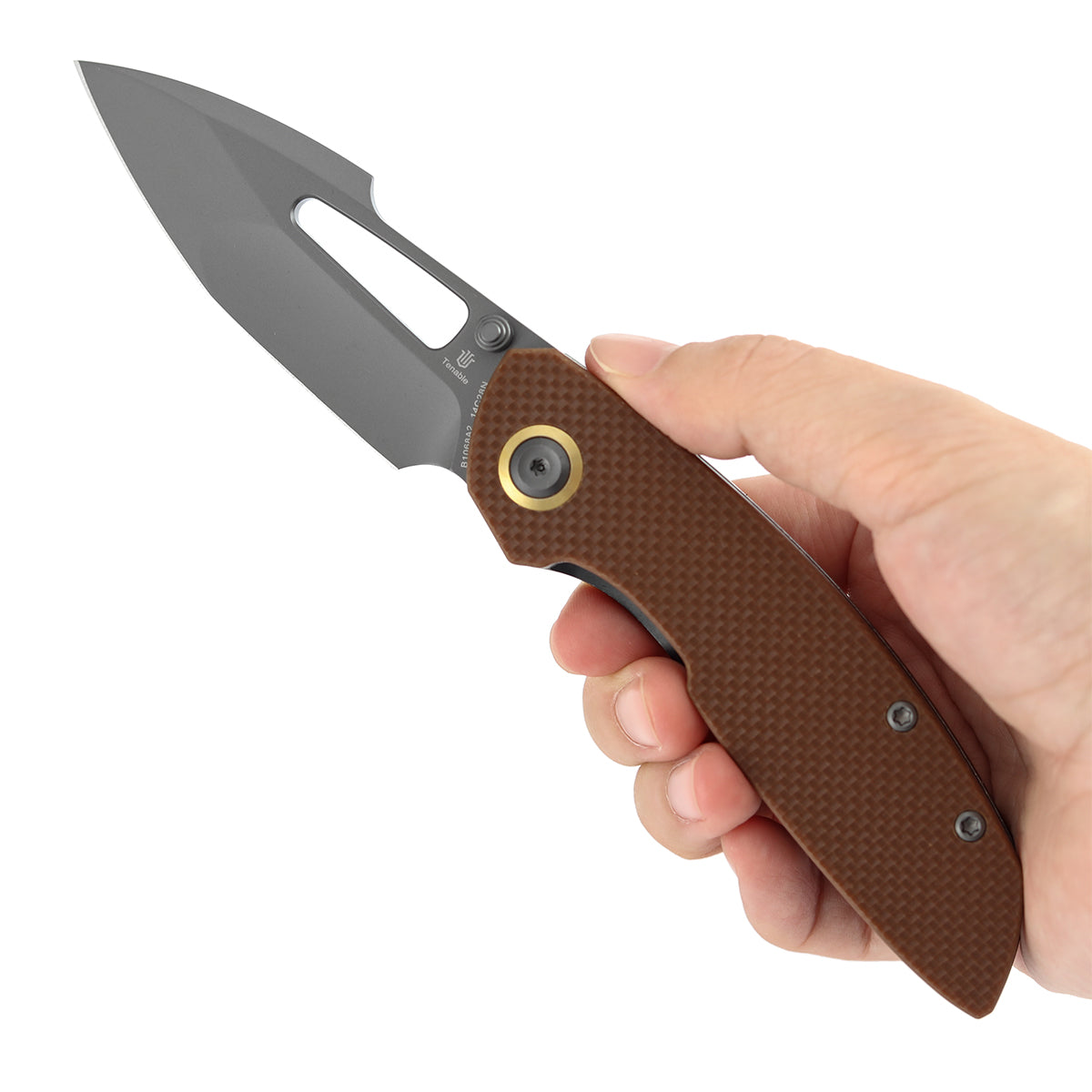 Tenable Link Folding Knife | 3.0" Gray TiCn Coated 14C28N Blade | Brown G10 Handle| Triple Stripe Knives Design | B1068A2