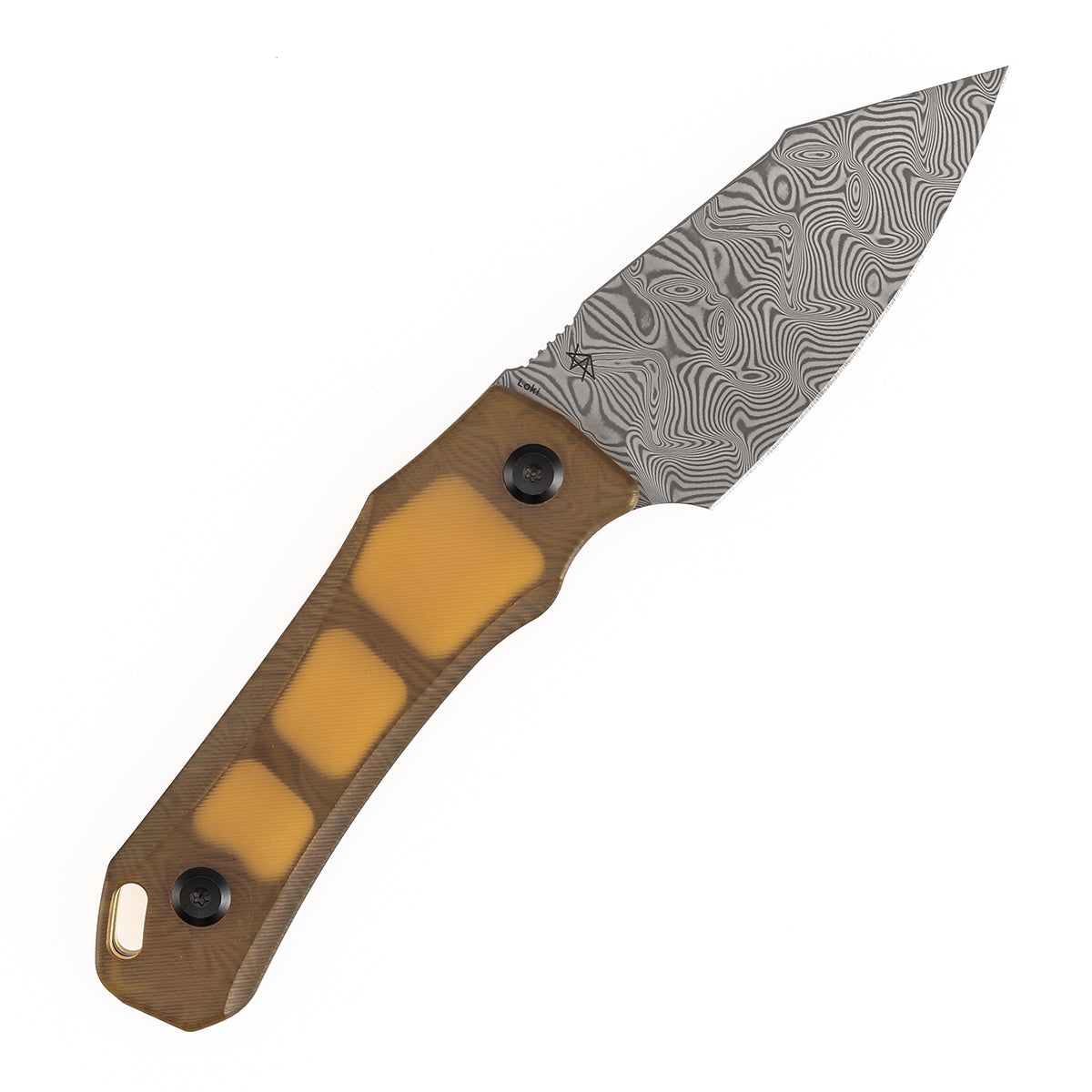 Knife with a brown handle and damascus blade on a white background
