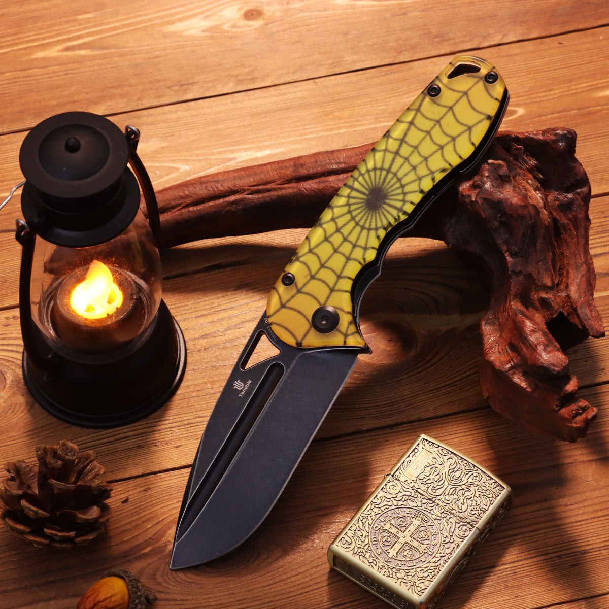 Tenable Bömbur Halloween Limited Edition Folding Knife | 3.53" Blackwash D2 Blade | PC with Yellow Spiderweb Pattern Handle | Midgards Messer Design - T1054A9