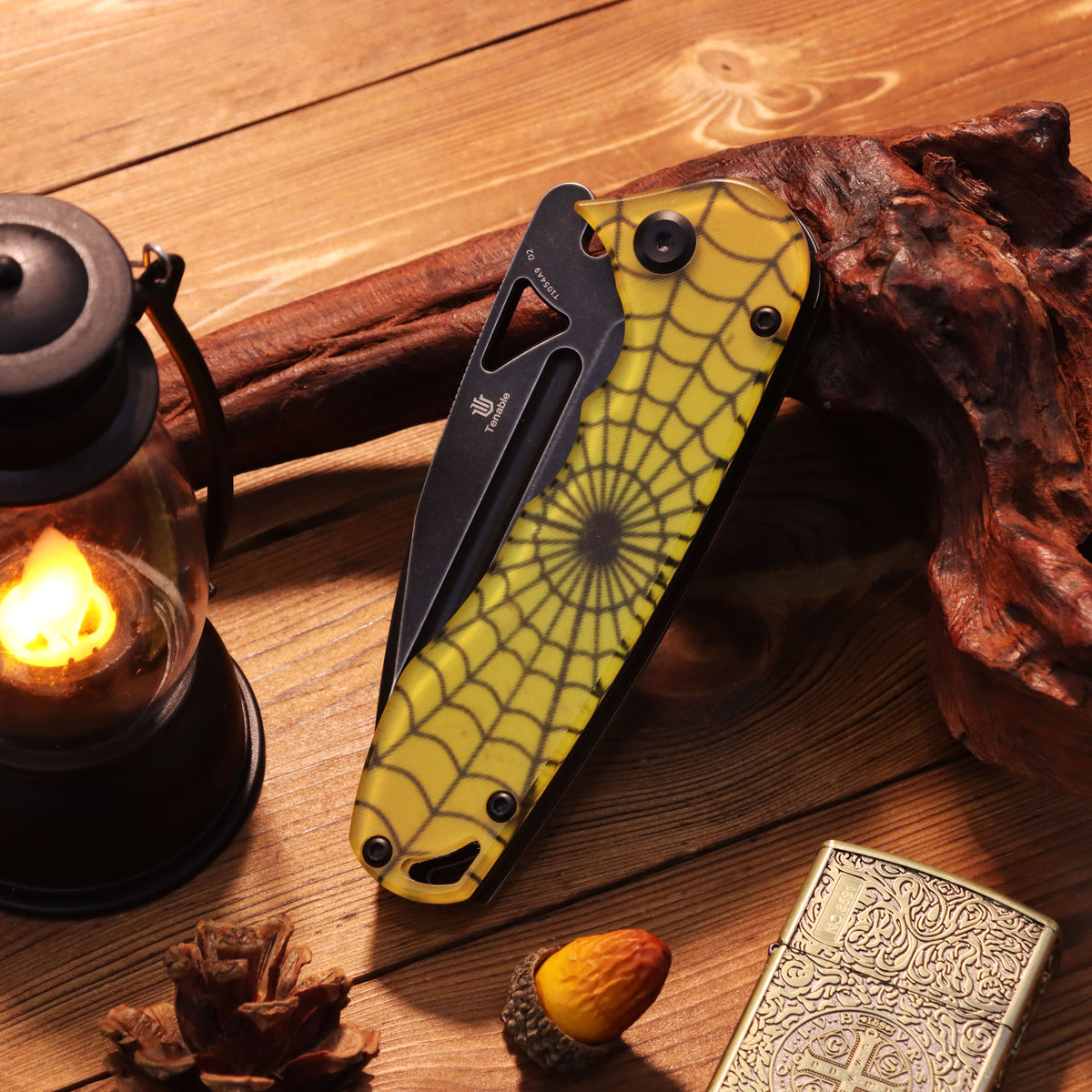 Tenable Bömbur Halloween Limited Edition Folding Knife | 3.53" Blackwash D2 Blade | PC with Yellow Spiderweb Pattern Handle | Midgards Messer Design - T1054A9