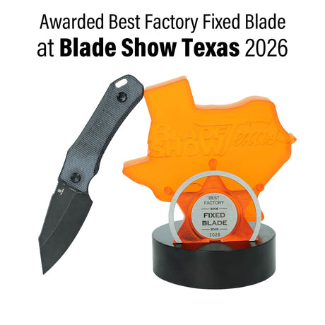 Fixed Blade knife next to an orange award on a white background with text about the Blade Show Texas 2026.