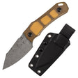 Fixed blade knife with brown handle and black sheath on a white background