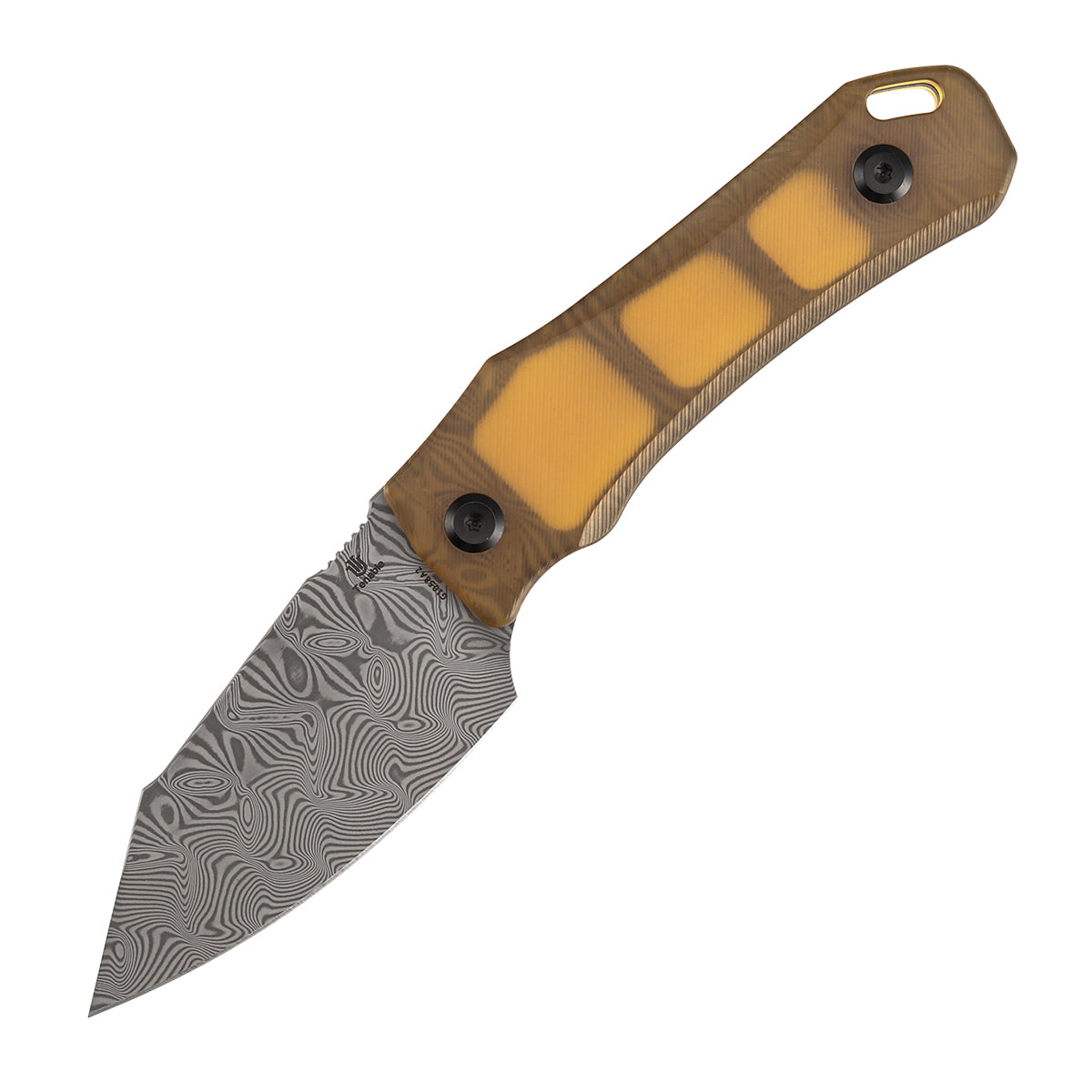 Folding knife with a brown handle and damascus blade on a white background